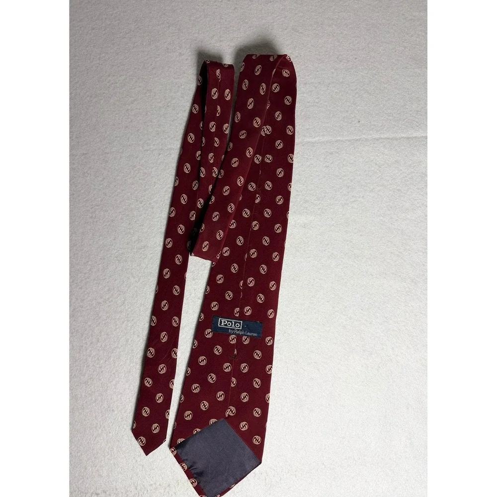 Polo Ralph Lauren Mens Burgundy Tan Medallion Silk Necktie Made by Hand USA